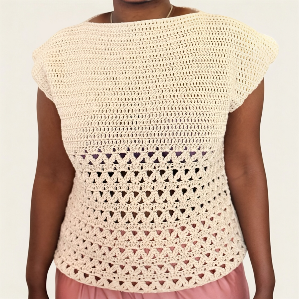 Arcelle Ecru handcrafted crochet top,  structured zigzag lace, made-to-order garment
