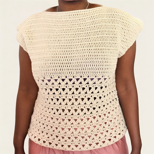 Arcelle Ecru handcrafted crochet top,  structured zigzag lace, made-to-order garment