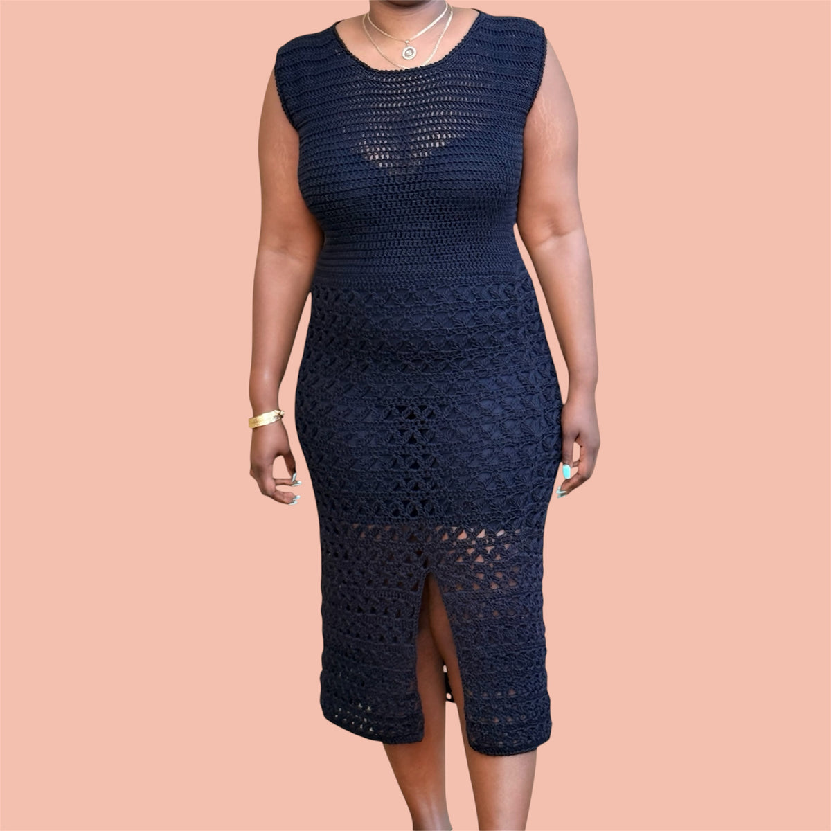 Arcelle black handcrafted crochet midi dress, structured bodice, pattern/PDF